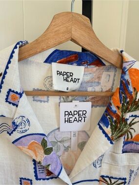Paper Heart Tropical Stamp Print Camp Shirt Linen Blend Oversized Womens S